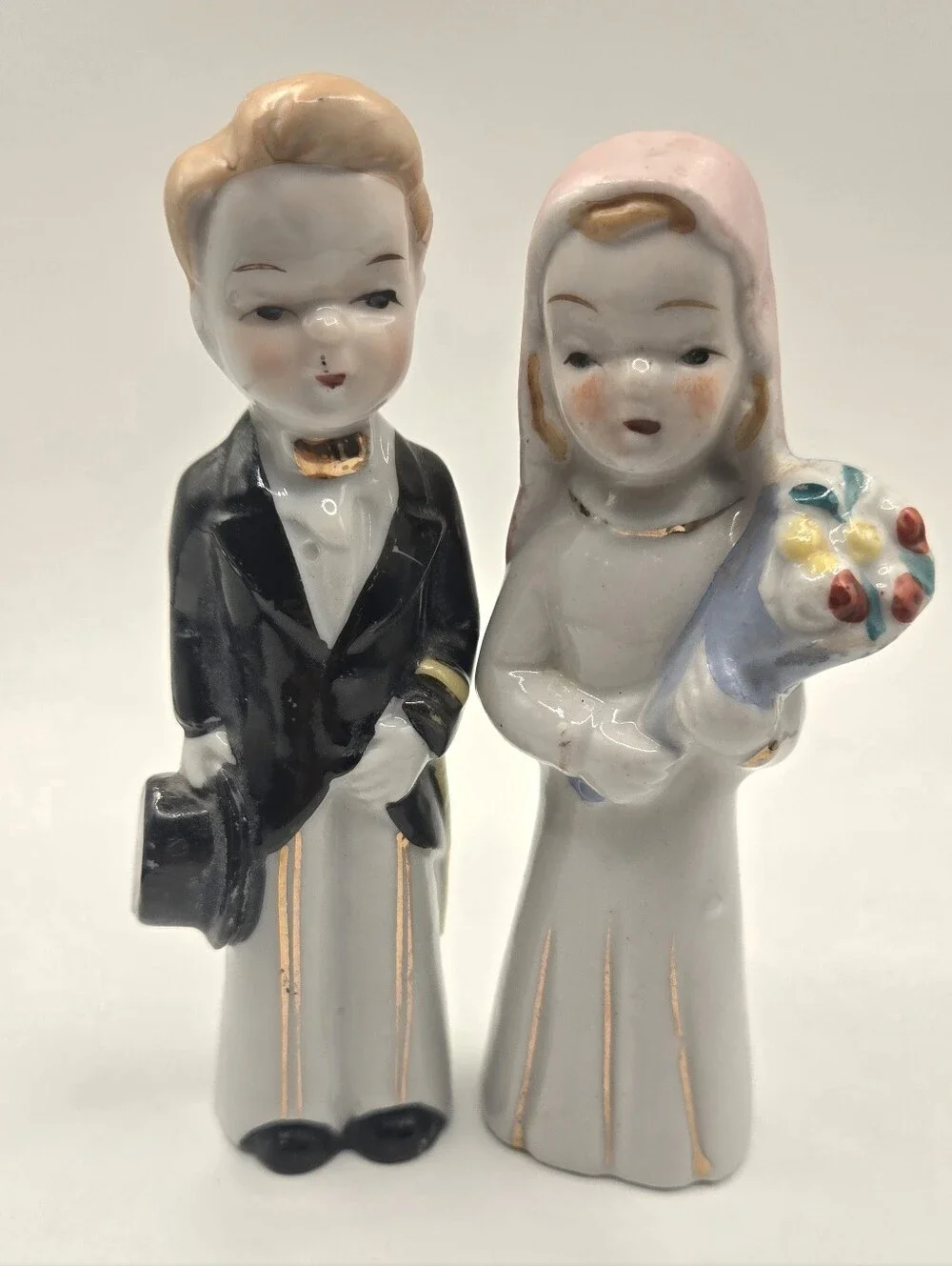 Vintage Porcelain Pair Wedding Cake Topper  Bride Groom Gold Accents 1950s Japan